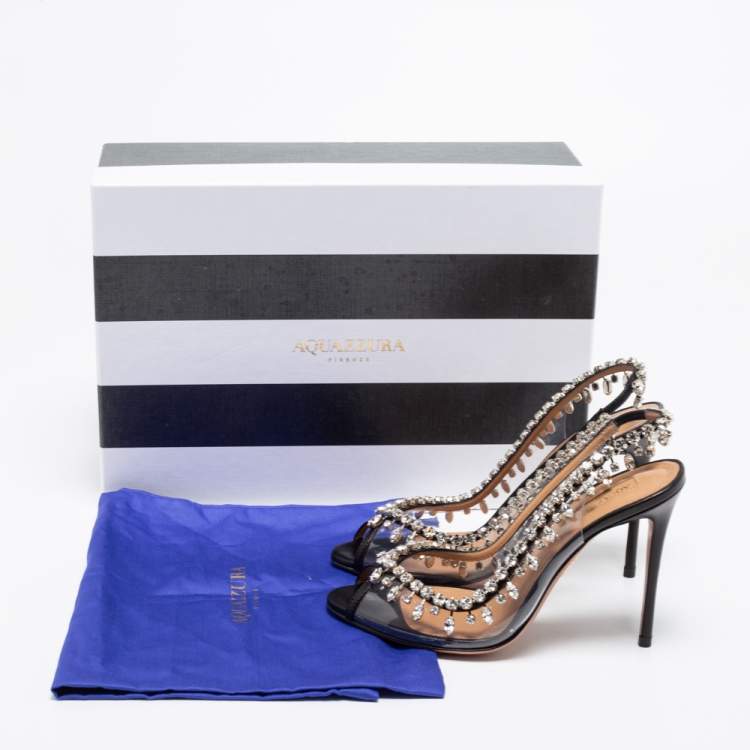 Pre Owned Aquazzura Black Leather and PVC Temptation Sandals Size 35.5