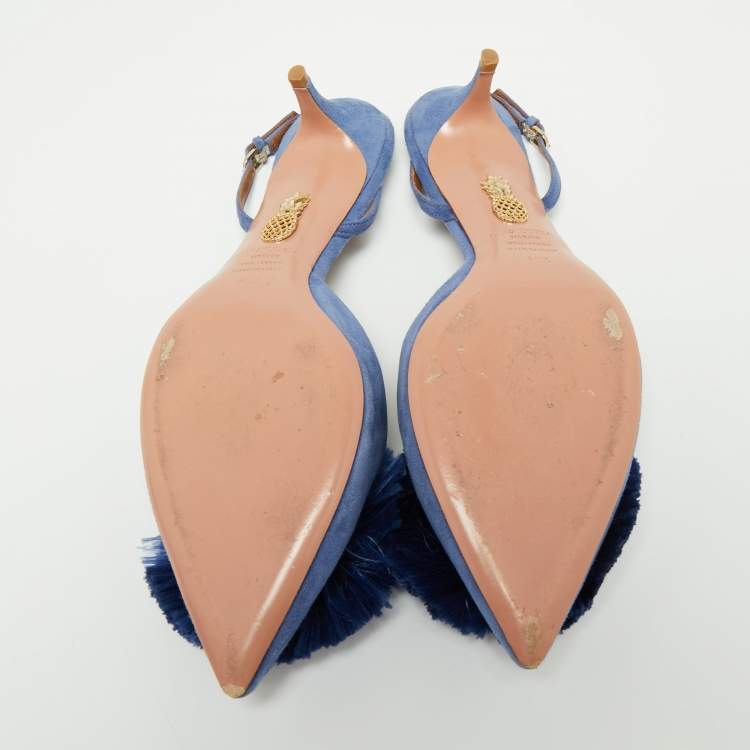 مملوكة مسبقًا Aquazzura Blue Suede Powder Puff Pointed Toe Slingback Sandals Size 40.5