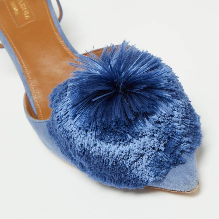مملوكة مسبقًا Aquazzura Blue Suede Powder Puff Pointed Toe Slingback Sandals Size 40.5