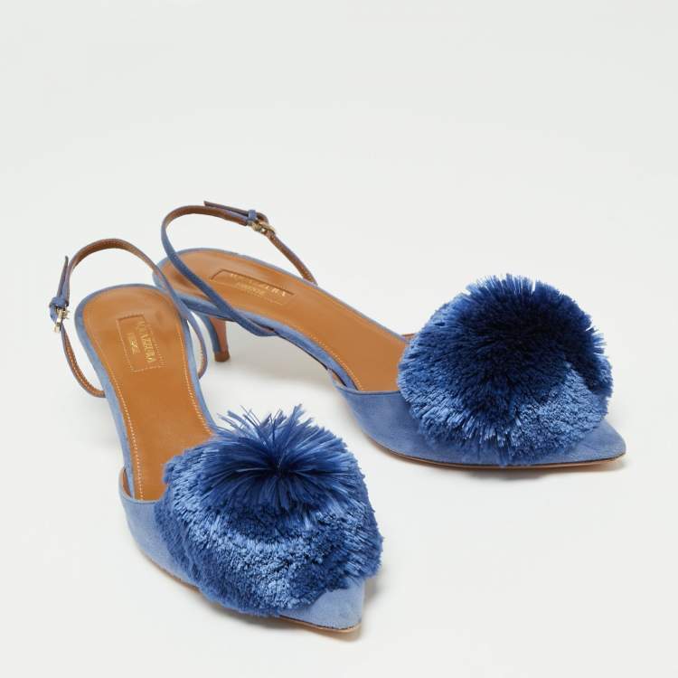 مملوكة مسبقًا Aquazzura Blue Suede Powder Puff Pointed Toe Slingback Sandals Size 40.5
