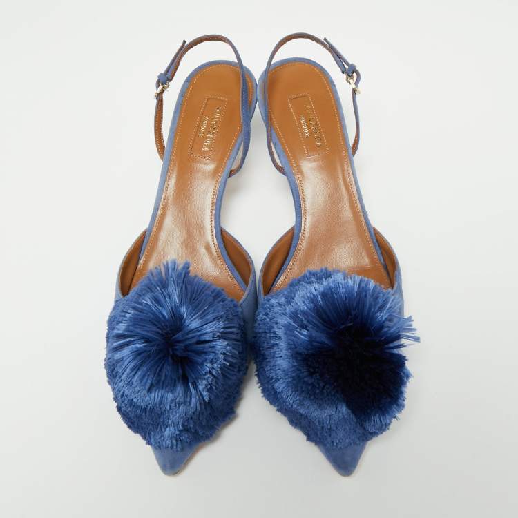 مملوكة مسبقًا Aquazzura Blue Suede Powder Puff Pointed Toe Slingback Sandals Size 40.5