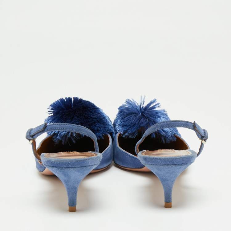 مملوكة مسبقًا Aquazzura Blue Suede Powder Puff Pointed Toe Slingback Sandals Size 40.5
