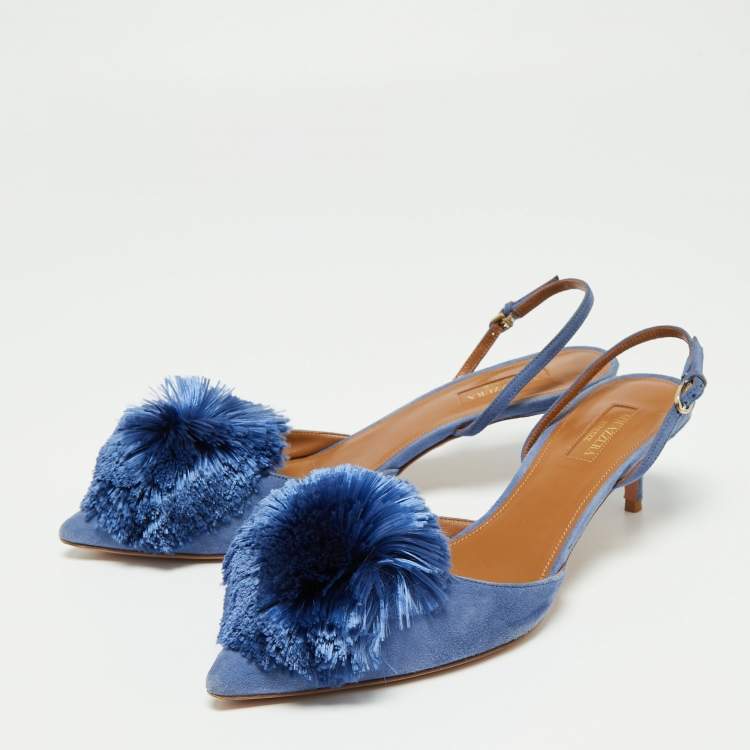 مملوكة مسبقًا Aquazzura Blue Suede Powder Puff Pointed Toe Slingback Sandals Size 40.5