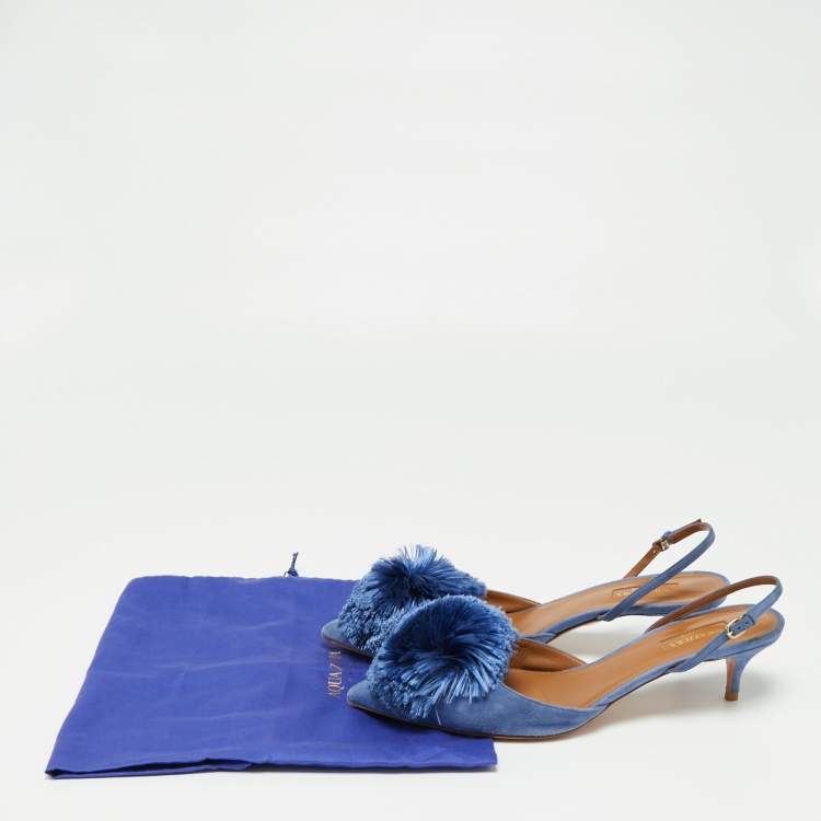 مملوكة مسبقًا Aquazzura Blue Suede Powder Puff Pointed Toe Slingback Sandals Size 40.5