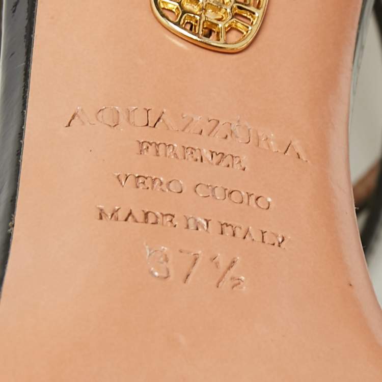 Pre Owned Aquazzura Black/Gold Patent Leather Pina Colada Ankle Strap Sandals Size 37.5