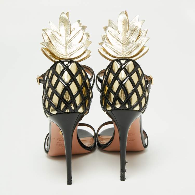 Pre Owned Aquazzura Black/Gold Patent Leather Pina Colada Ankle Strap Sandals Size 37.5