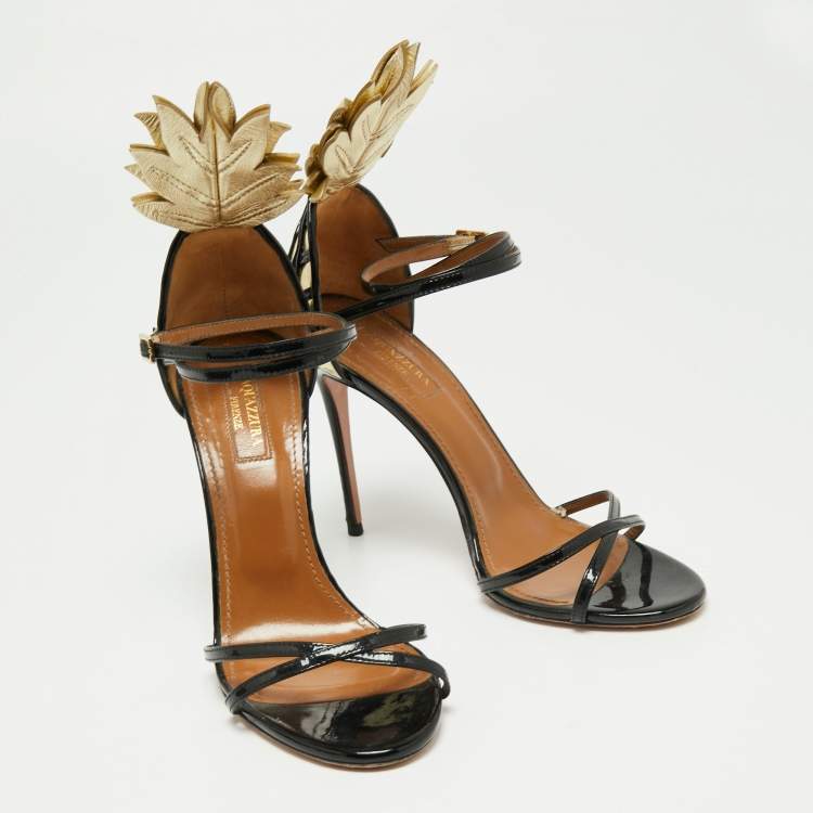 Pre Owned Aquazzura Black/Gold Patent Leather Pina Colada Ankle Strap Sandals Size 37.5