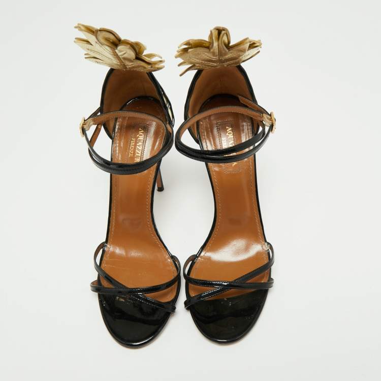 Pre Owned Aquazzura Black/Gold Patent Leather Pina Colada Ankle Strap Sandals Size 37.5