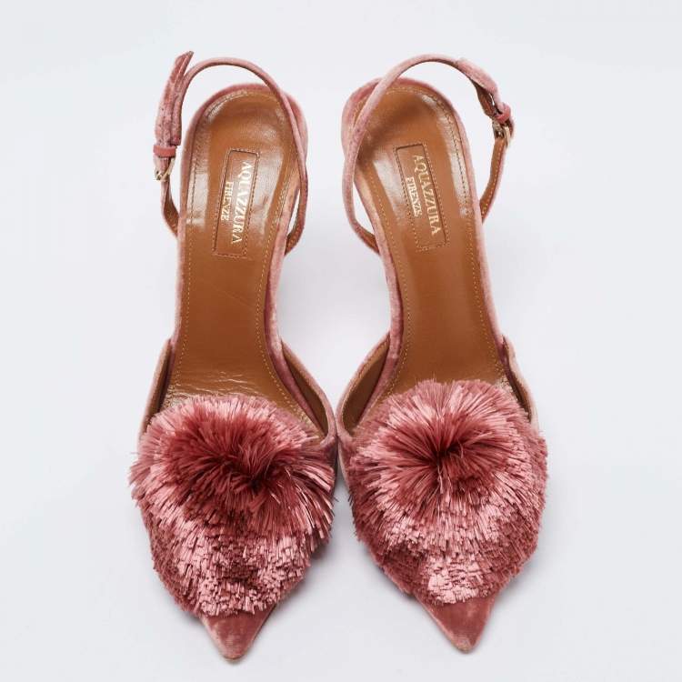 Pre Owned Aquazzura Pink Velvet Powder Puff Pointed Toe Slingback Sandals Size 38