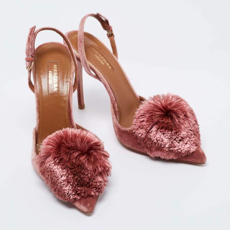 Pre Owned Aquazzura Pink Velvet Powder Puff Pointed Toe Slingback Sandals Size 38