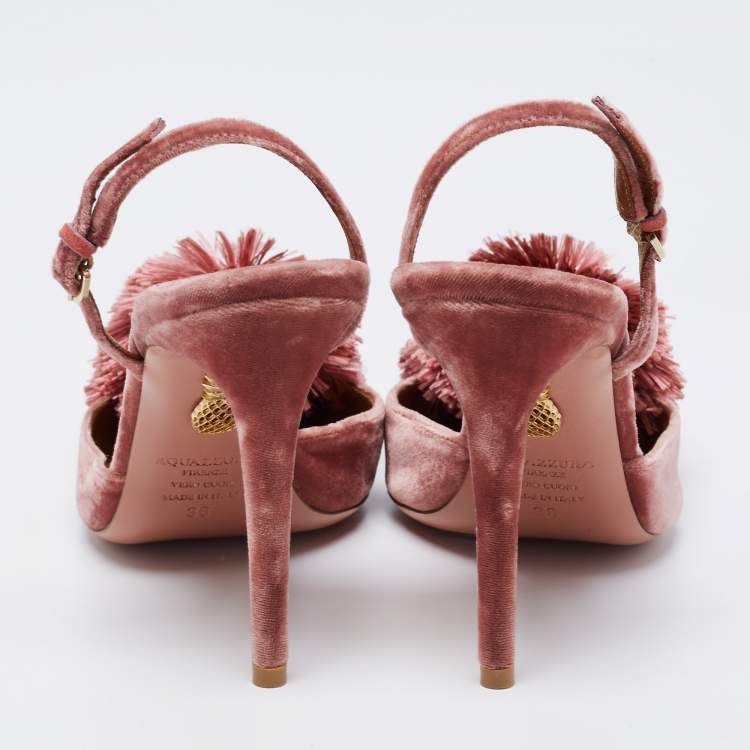 Pre Owned Aquazzura Pink Velvet Powder Puff Pointed Toe Slingback Sandals Size 38