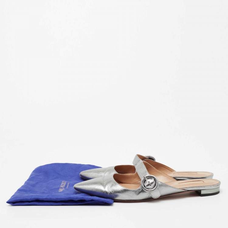 Pre Owned Aquazzura Metallic Silver Leather Buckle Detail Pointed Toe Flat Mules Size 39