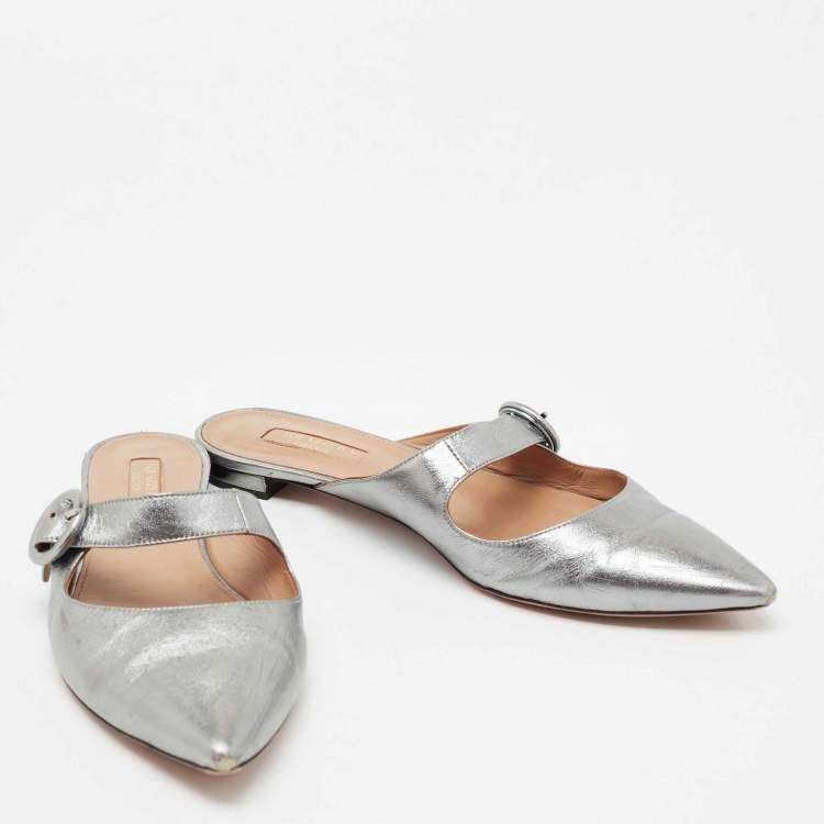 Pre Owned Aquazzura Metallic Silver Leather Buckle Detail Pointed Toe Flat Mules Size 39