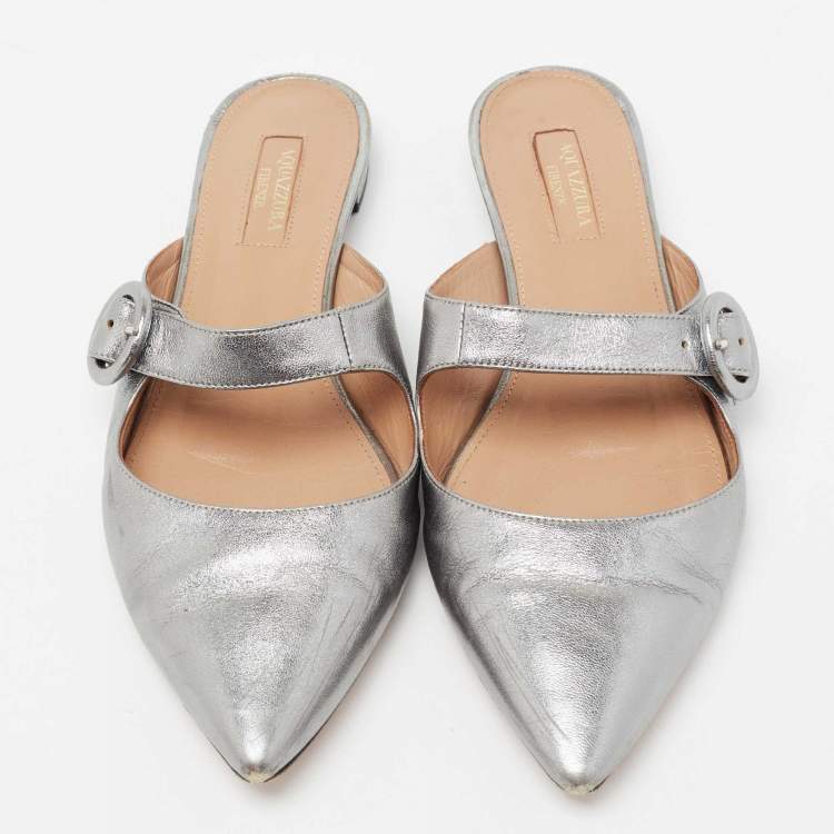Pre Owned Aquazzura Metallic Silver Leather Buckle Detail Pointed Toe Flat Mules Size 39