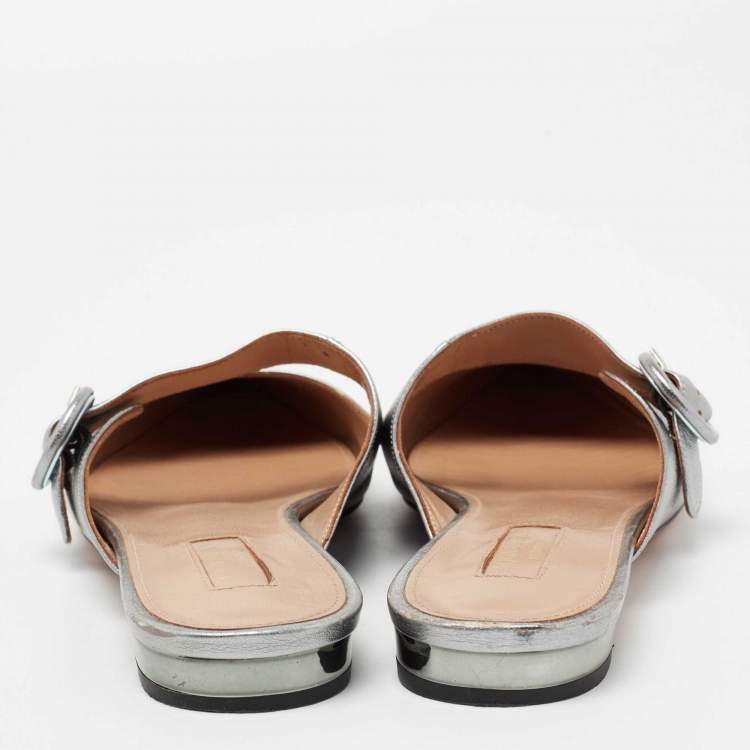 Pre Owned Aquazzura Metallic Silver Leather Buckle Detail Pointed Toe Flat Mules Size 39