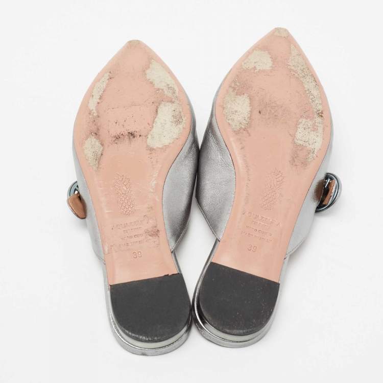 Pre Owned Aquazzura Metallic Silver Leather Buckle Detail Pointed Toe Flat Mules Size 39