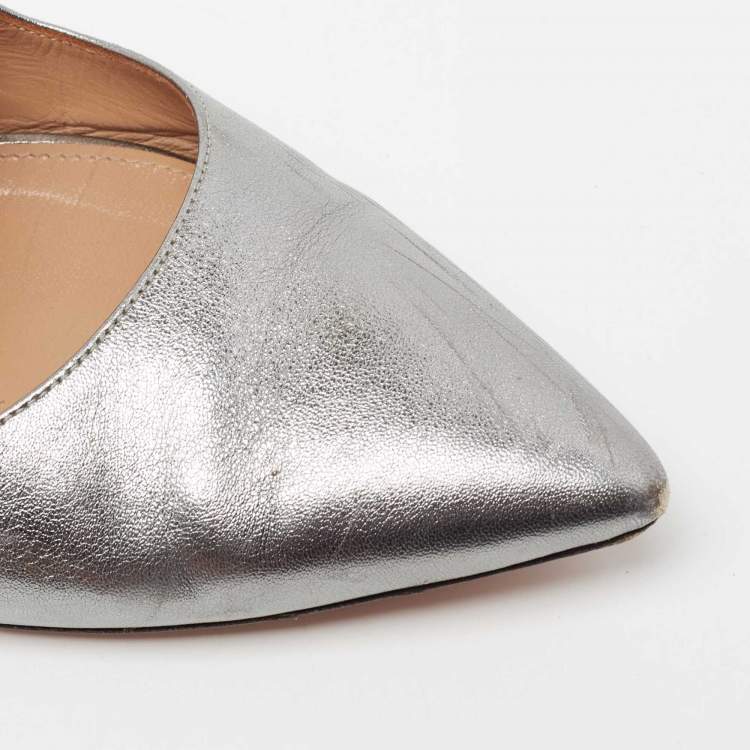 Pre Owned Aquazzura Metallic Silver Leather Buckle Detail Pointed Toe Flat Mules Size 39