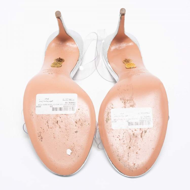 Pre Owned Aquazzura Silver Leather and PVC So Nude Slingback Sandals Size 40