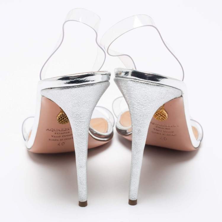 Pre Owned Aquazzura Silver Leather and PVC So Nude Slingback Sandals Size 40