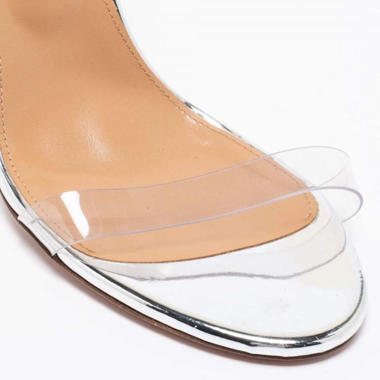 Pre Owned Aquazzura Silver Leather and PVC So Nude Slingback Sandals Size 40