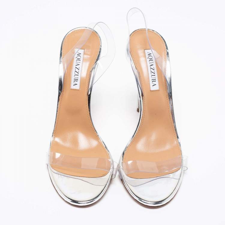 Pre Owned Aquazzura Silver Leather and PVC So Nude Slingback Sandals Size 40