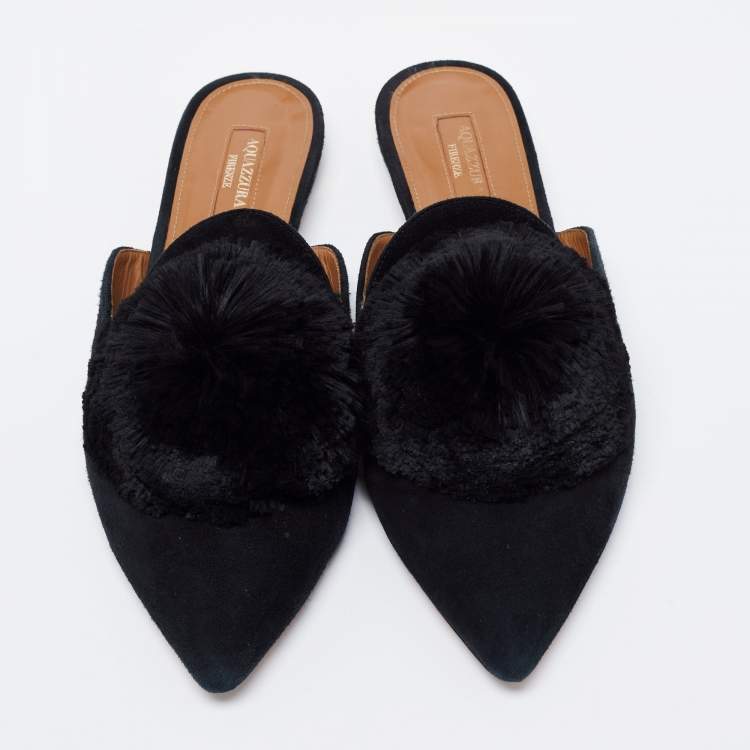 Pre Owned Aquazzura Black Suede Powder Puff Flat Sandals Size 40