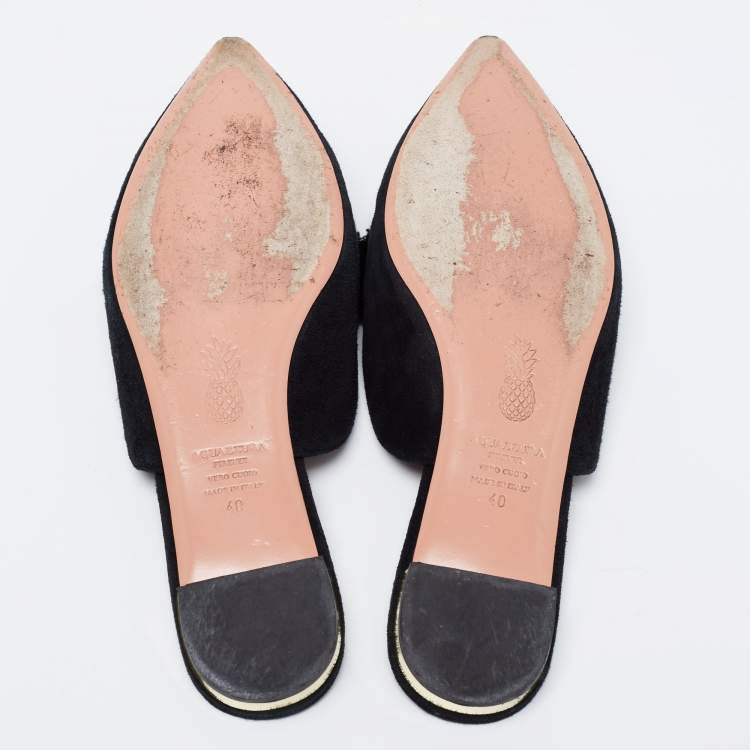 Pre Owned Aquazzura Black Suede Powder Puff Flat Sandals Size 40