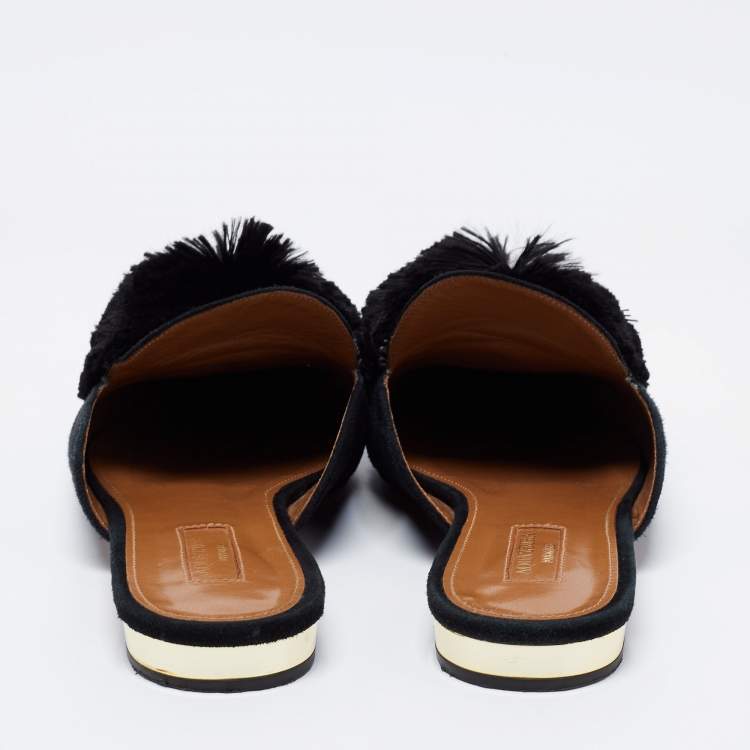 Pre Owned Aquazzura Black Suede Powder Puff Flat Sandals Size 40