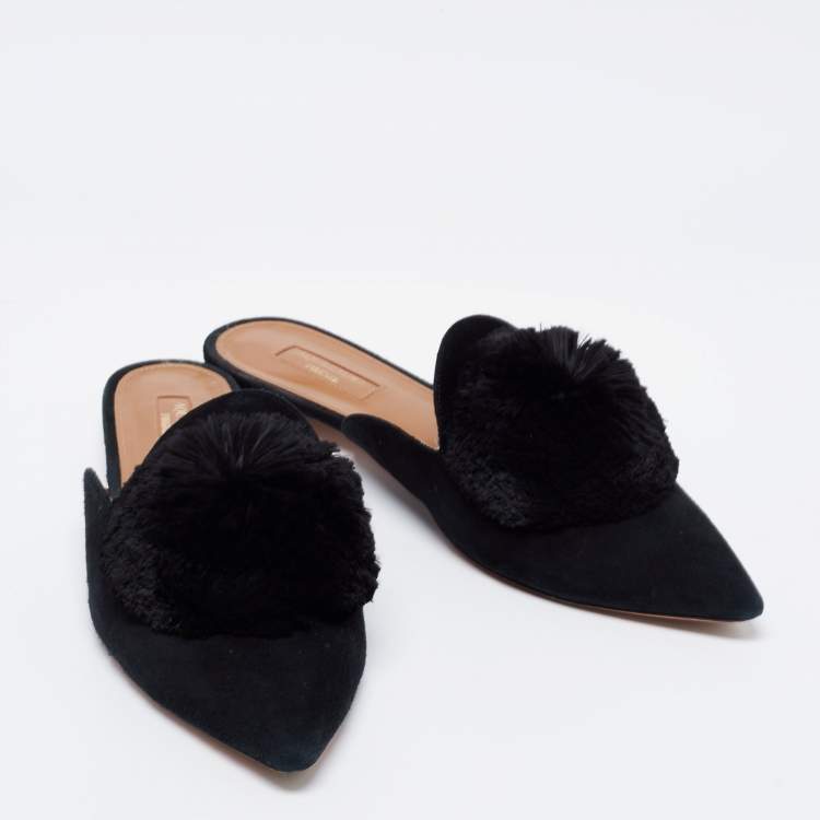 Pre Owned Aquazzura Black Suede Powder Puff Flat Sandals Size 40