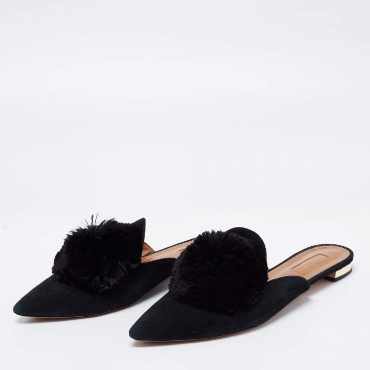 Pre Owned Aquazzura Black Suede Powder Puff Flat Sandals Size 40