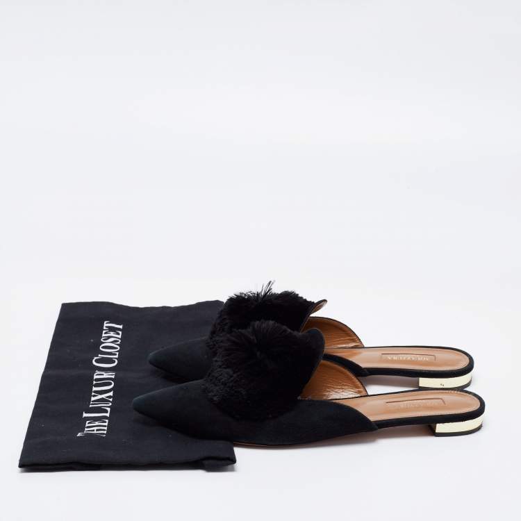Pre Owned Aquazzura Black Suede Powder Puff Flat Sandals Size 40