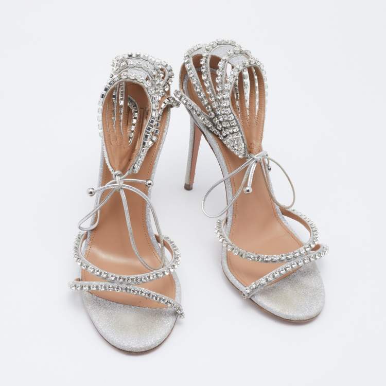 مملوكة مسبقًا Aquazzura Metallic Silver Glitter Crystal Embellished Strappy Ankle Wrap Sandals Size 37