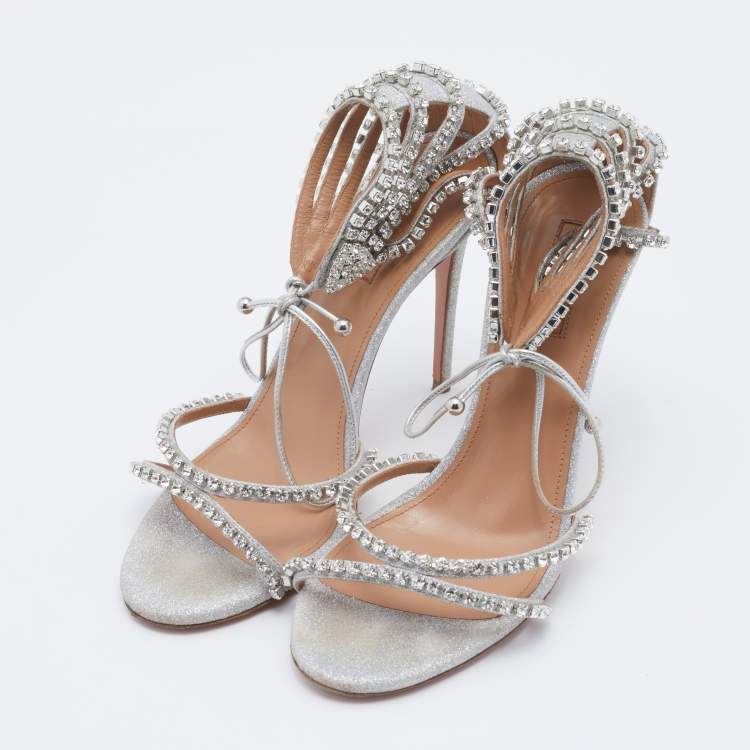 مملوكة مسبقًا Aquazzura Metallic Silver Glitter Crystal Embellished Strappy Ankle Wrap Sandals Size 37