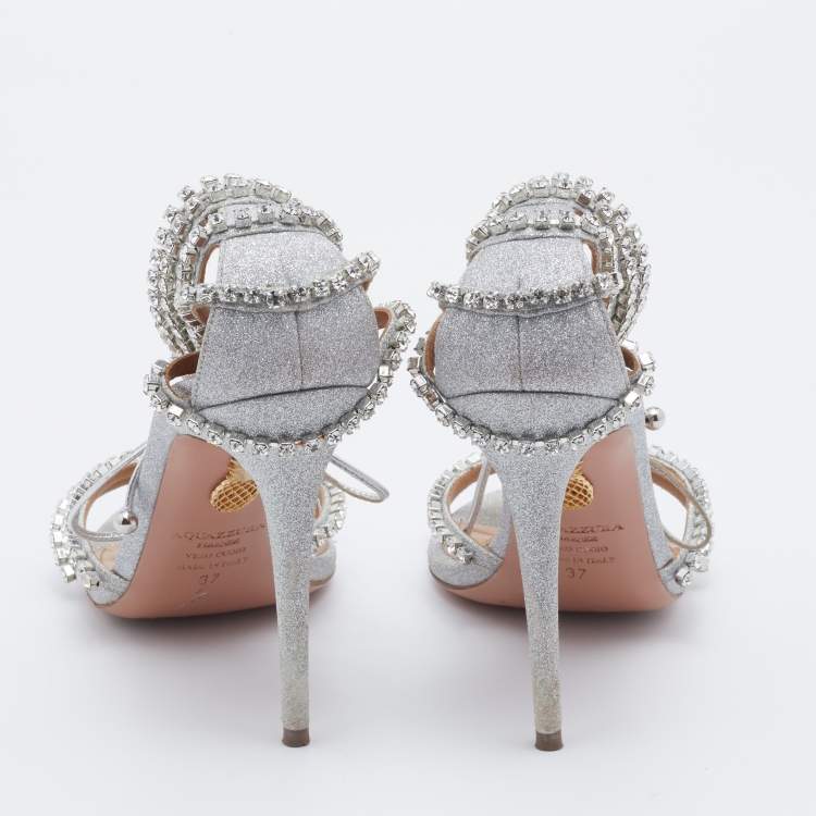 مملوكة مسبقًا Aquazzura Metallic Silver Glitter Crystal Embellished Strappy Ankle Wrap Sandals Size 37