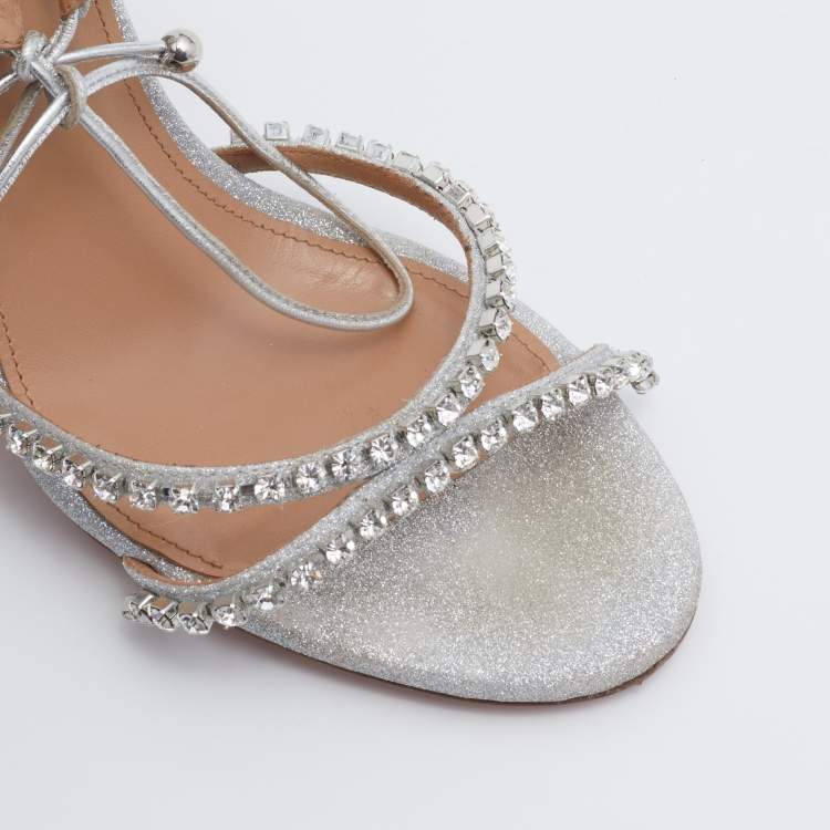 مملوكة مسبقًا Aquazzura Metallic Silver Glitter Crystal Embellished Strappy Ankle Wrap Sandals Size 37