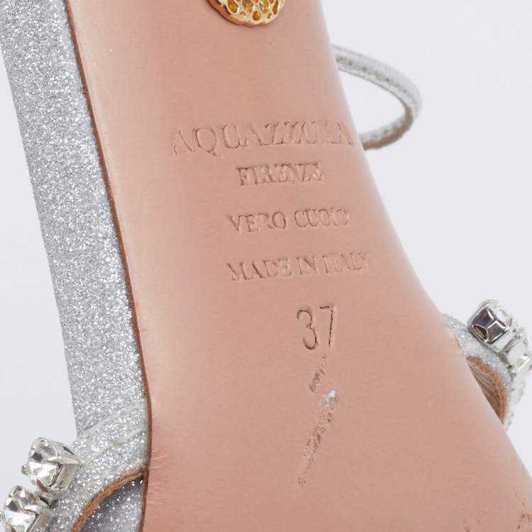 مملوكة مسبقًا Aquazzura Metallic Silver Glitter Crystal Embellished Strappy Ankle Wrap Sandals Size 37