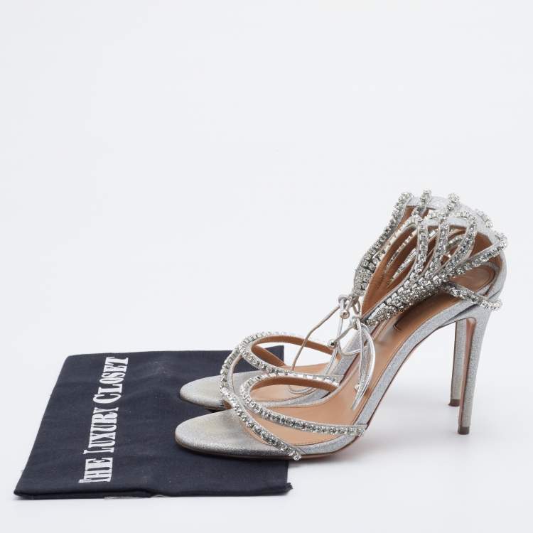 مملوكة مسبقًا Aquazzura Metallic Silver Glitter Crystal Embellished Strappy Ankle Wrap Sandals Size 37