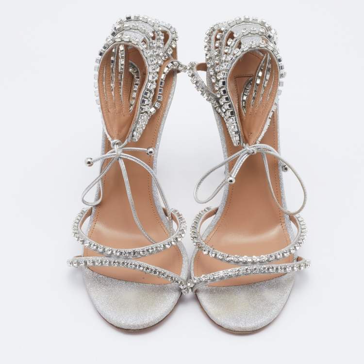 مملوكة مسبقًا Aquazzura Metallic Silver Glitter Crystal Embellished Strappy Ankle Wrap Sandals Size 37