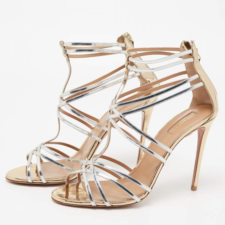 Pre Owned Aquazzura Silver/Gold Patent Leather Ankle Strappy Sandals Size 41