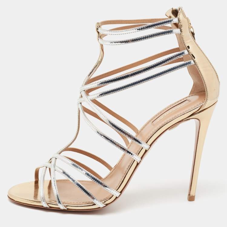 Pre Owned Aquazzura Silver/Gold Patent Leather Ankle Strappy Sandals Size 41