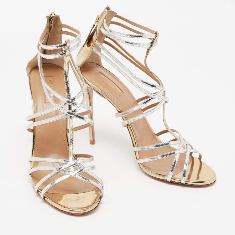Pre Owned Aquazzura Silver/Gold Patent Leather Ankle Strappy Sandals Size 41