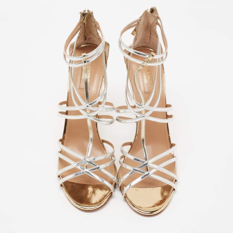 Pre Owned Aquazzura Silver/Gold Patent Leather Ankle Strappy Sandals Size 41