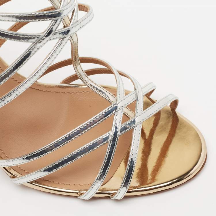 Pre Owned Aquazzura Silver/Gold Patent Leather Ankle Strappy Sandals Size 41