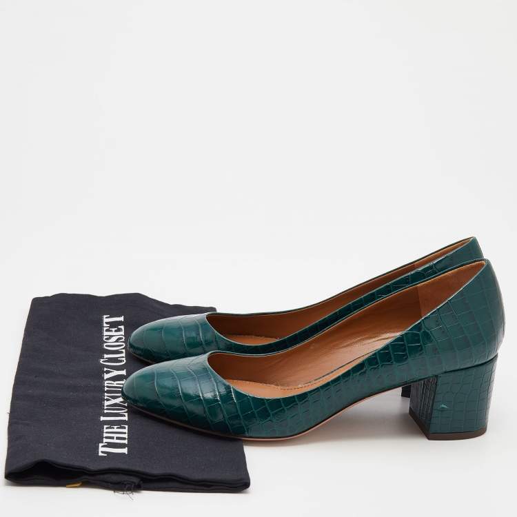 مملوكة مسبقًا Aquazzura Green Croc Embossed Leather Round Toe Block Heel Pumps Size 39