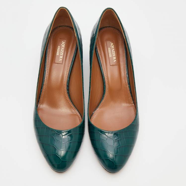 مملوكة مسبقًا Aquazzura Green Croc Embossed Leather Round Toe Block Heel Pumps Size 39