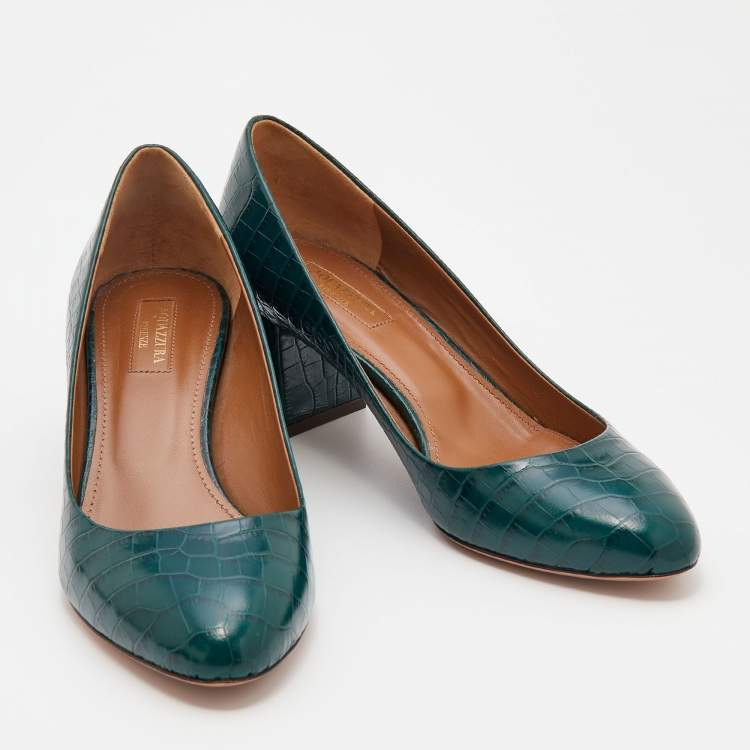 مملوكة مسبقًا Aquazzura Green Croc Embossed Leather Round Toe Block Heel Pumps Size 39