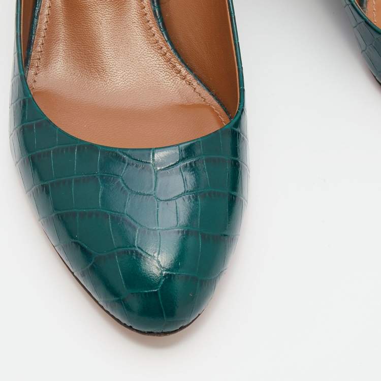 مملوكة مسبقًا Aquazzura Green Croc Embossed Leather Round Toe Block Heel Pumps Size 39