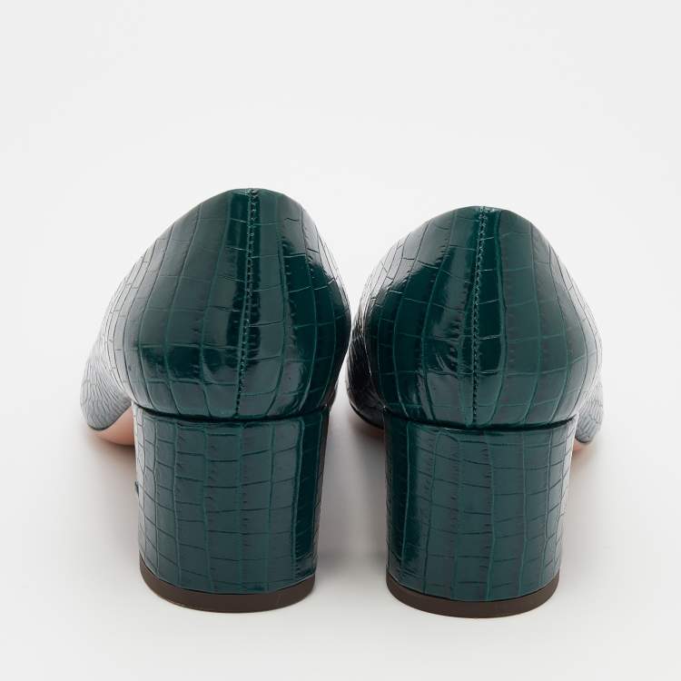 مملوكة مسبقًا Aquazzura Green Croc Embossed Leather Round Toe Block Heel Pumps Size 39