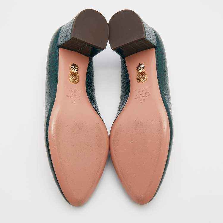 مملوكة مسبقًا Aquazzura Green Croc Embossed Leather Round Toe Block Heel Pumps Size 39