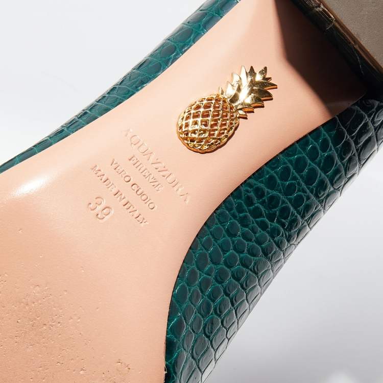 مملوكة مسبقًا Aquazzura Green Croc Embossed Leather Round Toe Block Heel Pumps Size 39